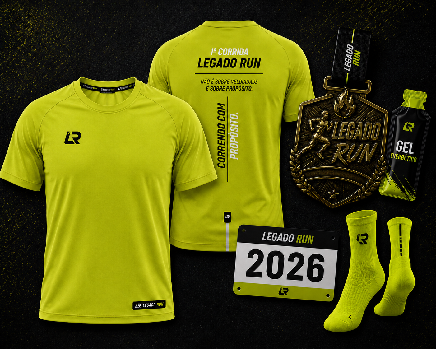 Arte do kit LEGADO RUN com camisa oficial, medalha finisher, gel energético, número de peito e meia