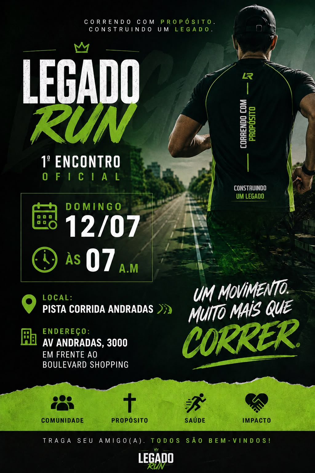 Arte LEGADO RUN com corredor usando a camisa oficial na Avenida dos Andradas